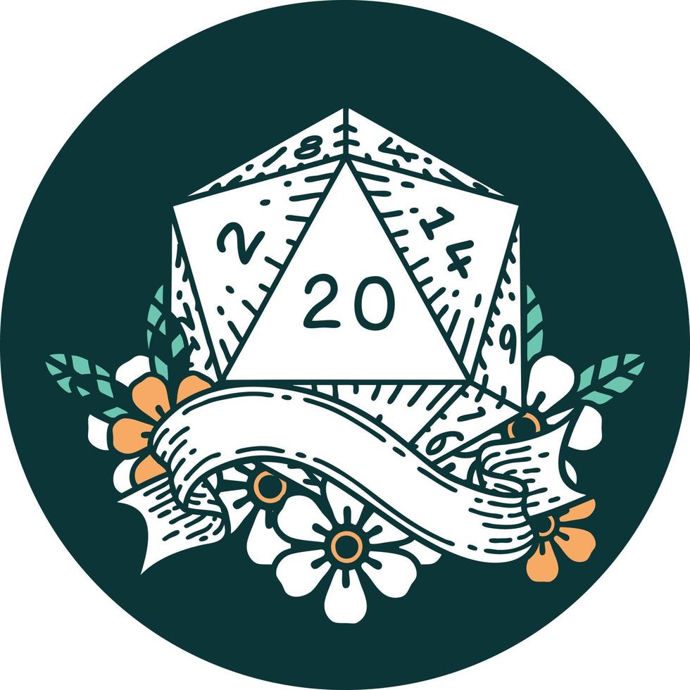 icon of natural twenty D20 dice roll vector