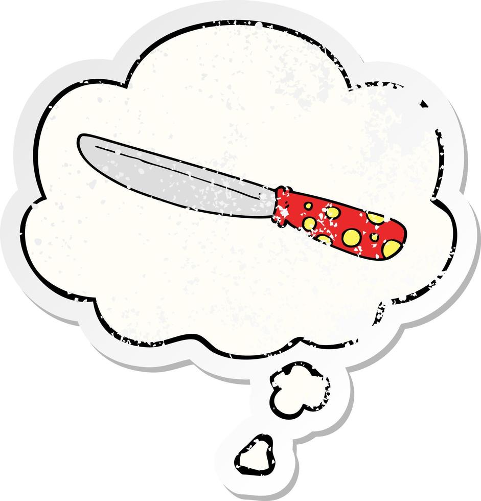 cartoon knife and thought bubble as a distressed worn sticker vector
