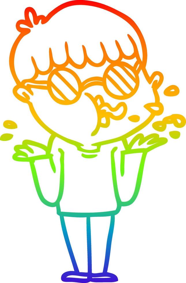 rainbow gradient line drawing cartoon boy wearing spectacles shrugging shoulders vector