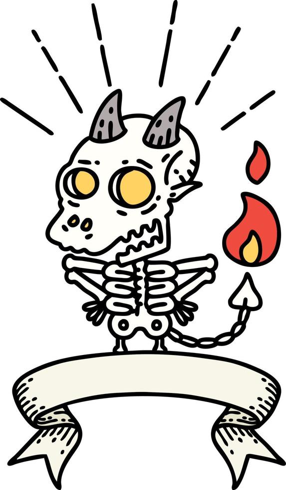 scroll banner with tattoo style skeleton demon character vector