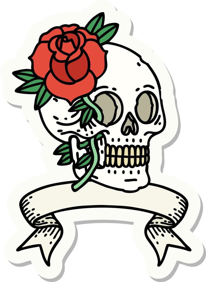 pegatina estilo tatuaje con pancarta de calavera y rosa vector