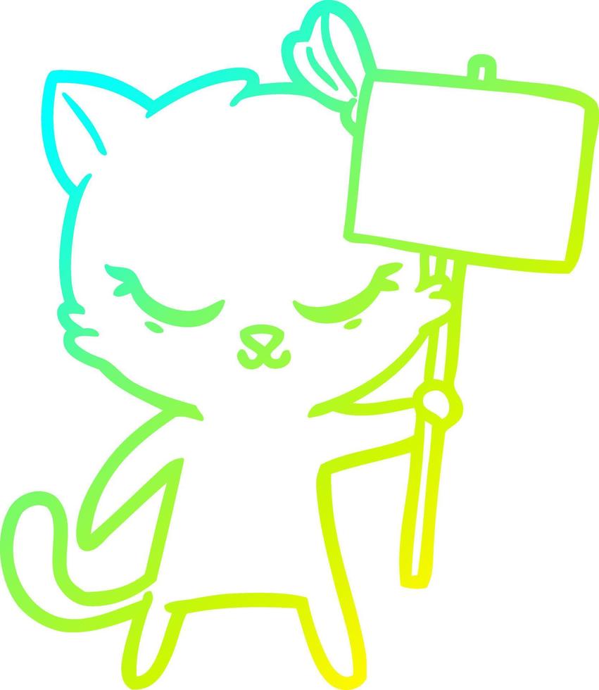 línea de gradiente frío dibujo lindo gato de dibujos animados con signo vector