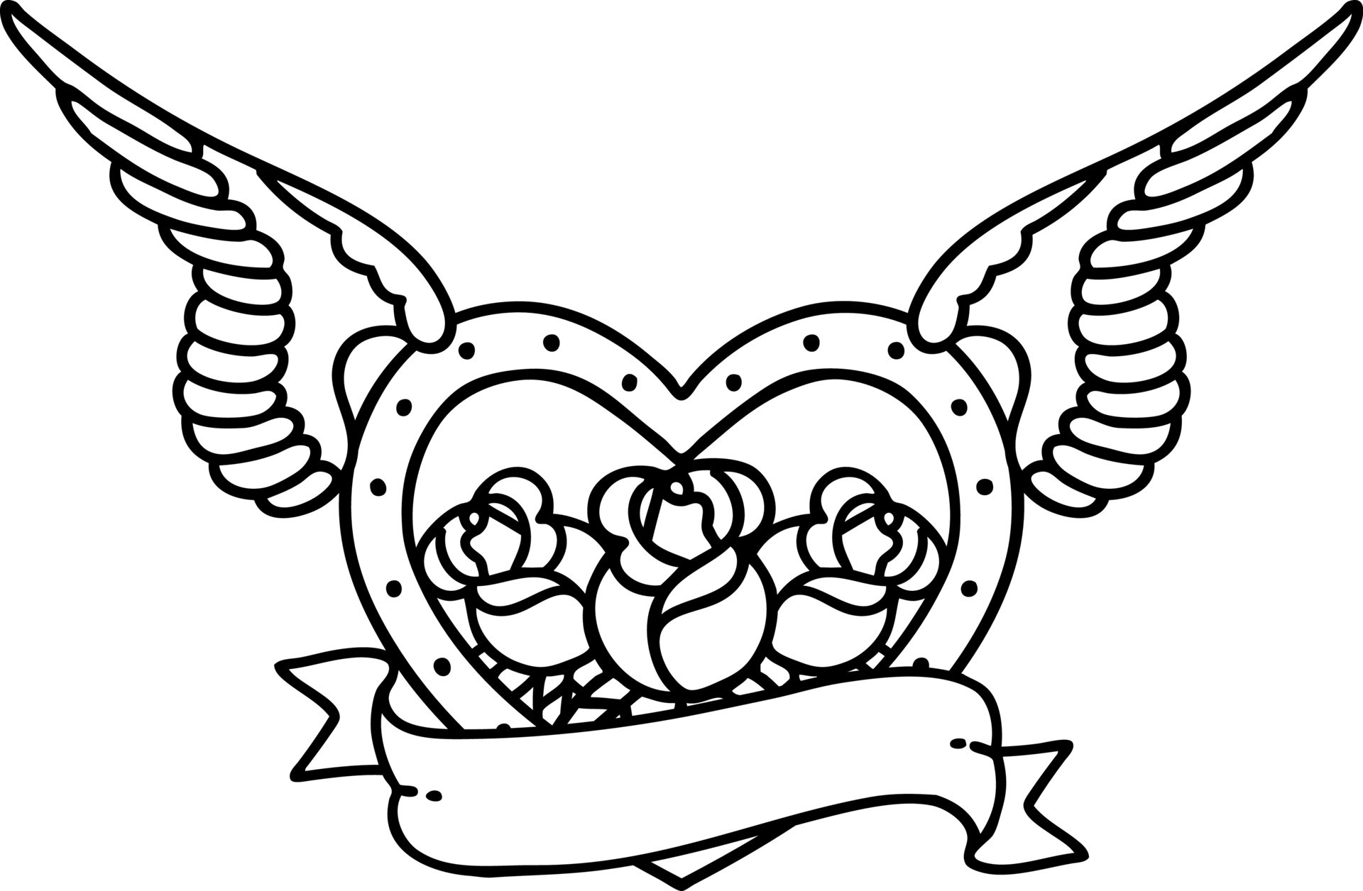 tattoo in black line style of a flying heart with flowers and banner ...