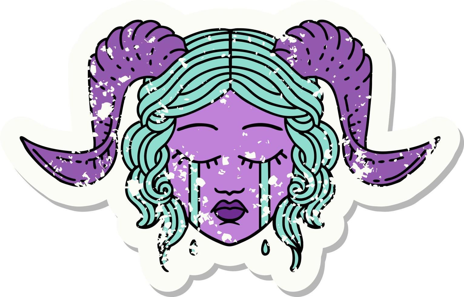 grunge sticker of a crying tiefling character face vector