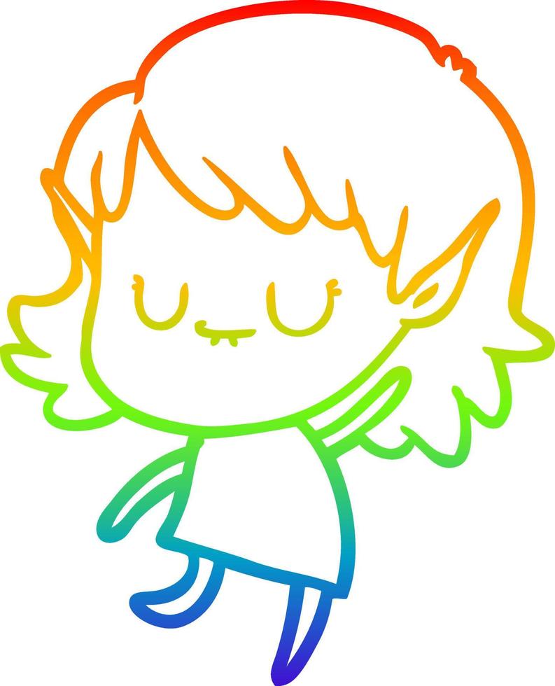 rainbow gradient line drawing happy cartoon elf girl wearing dress vector