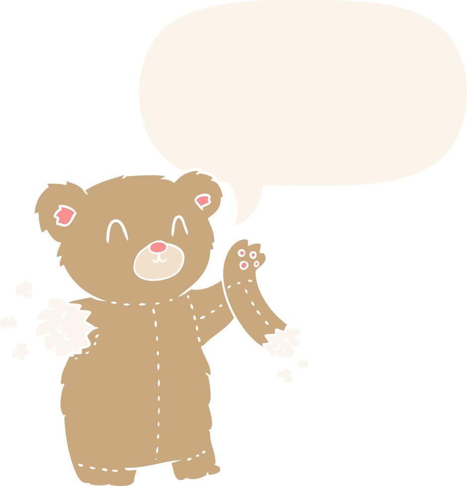 cartoon teddy bear and torn arm and speech bubble in retro style vector