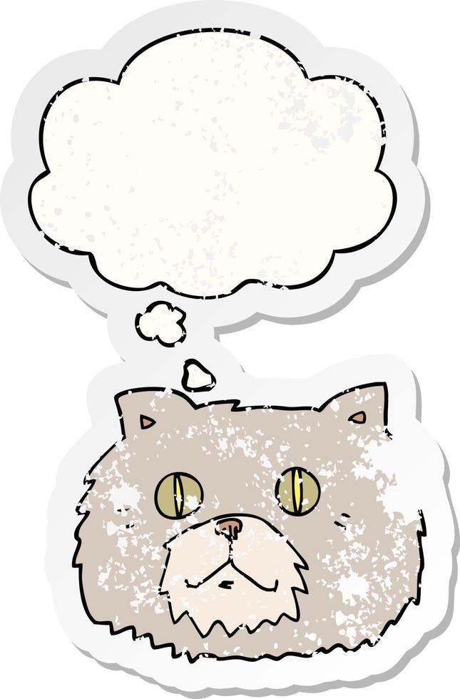 cartoon cat face and thought bubble as a distressed worn sticker vector