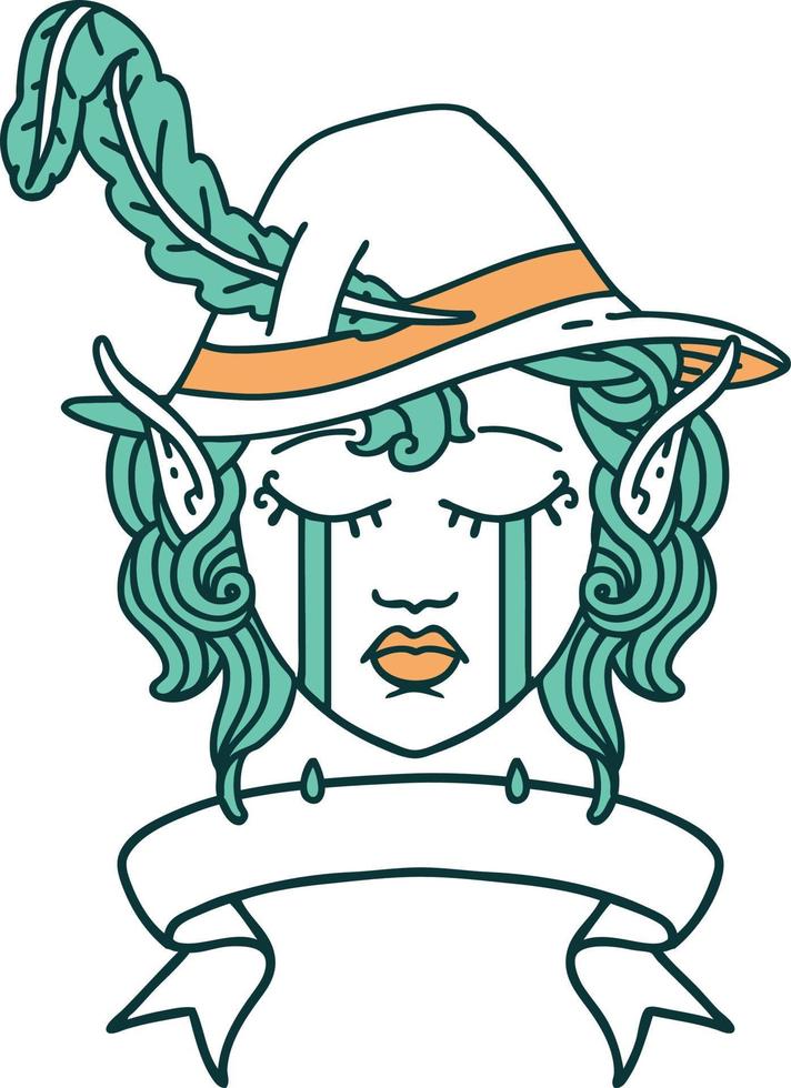 Retro Tattoo Style crying elf bard character face with banner vector