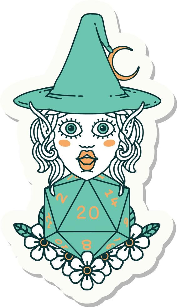 sticker of a elf mage character with natural twenty dice roll vector