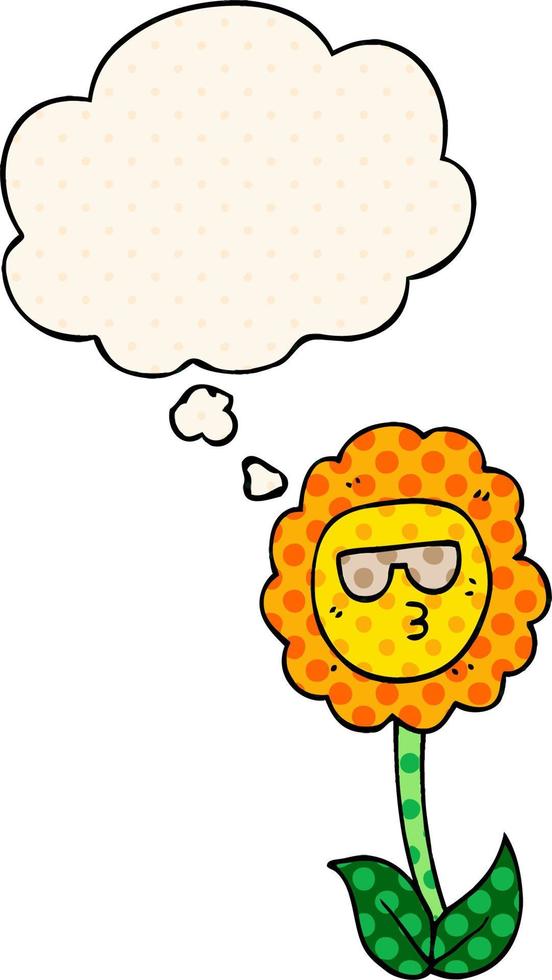 cartoon flower and thought bubble in comic book style vector