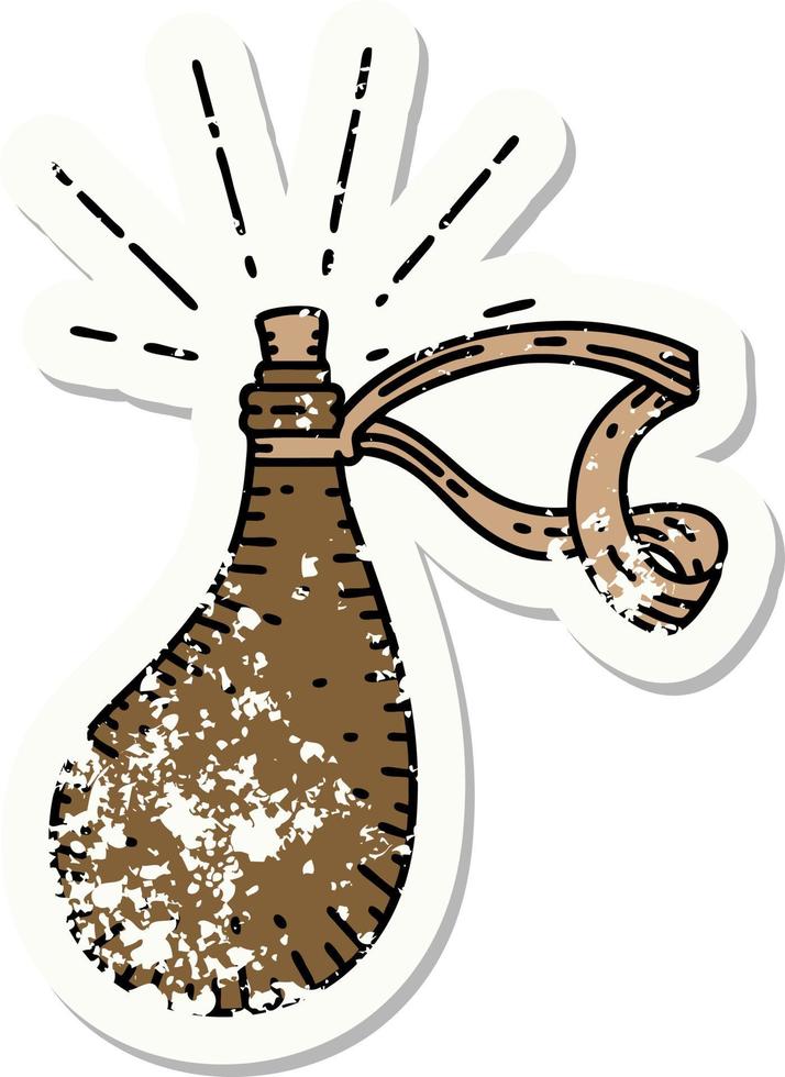 worn old sticker of a tattoo style old leather water flask vector