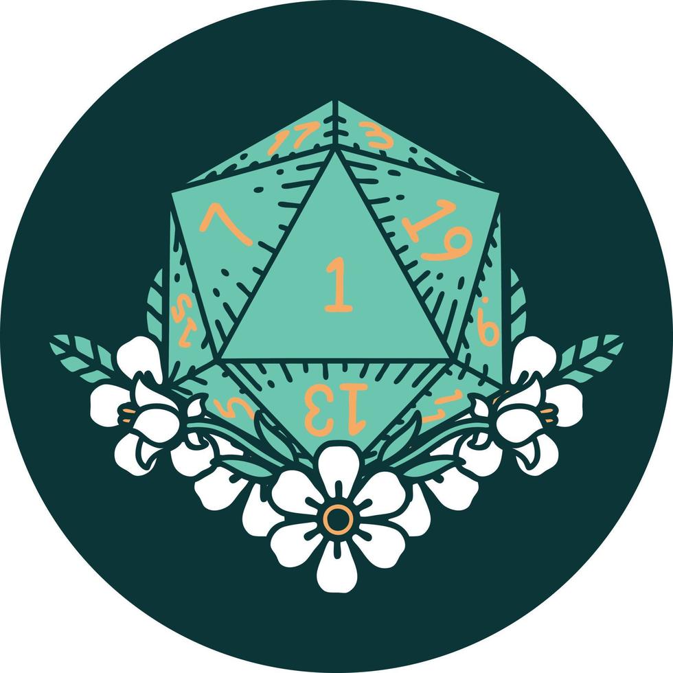 icon of natural one dice roll with floral elements vector