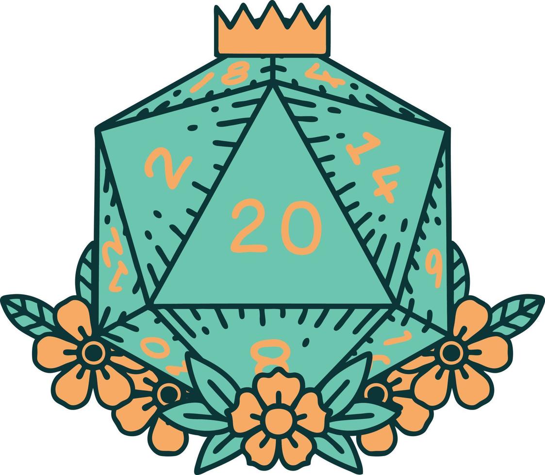 Retro Tattoo Style natural 20 D20 dice roll with floral elements vector