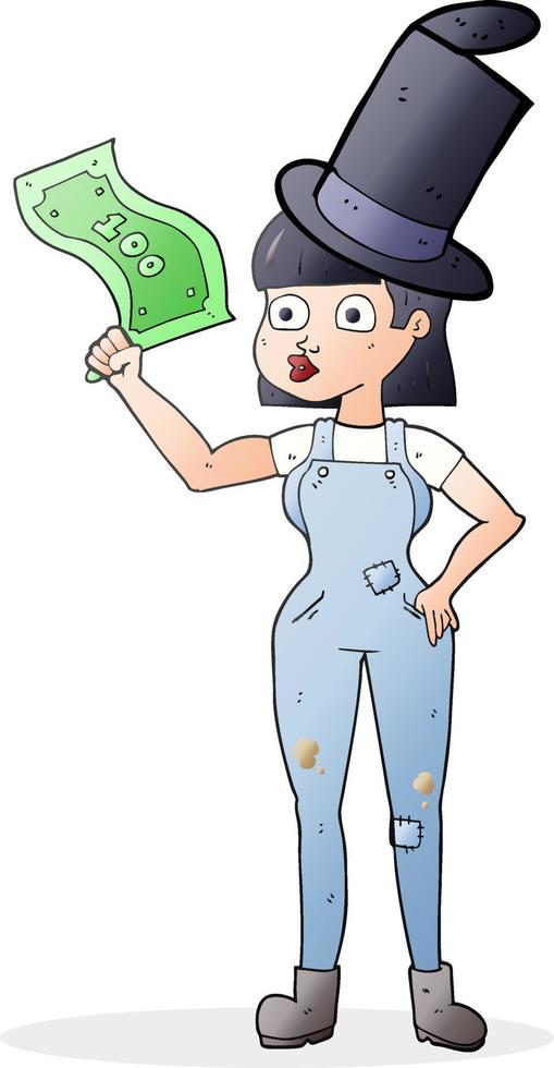 freehand drawn cartoon woman holding on to money vector
