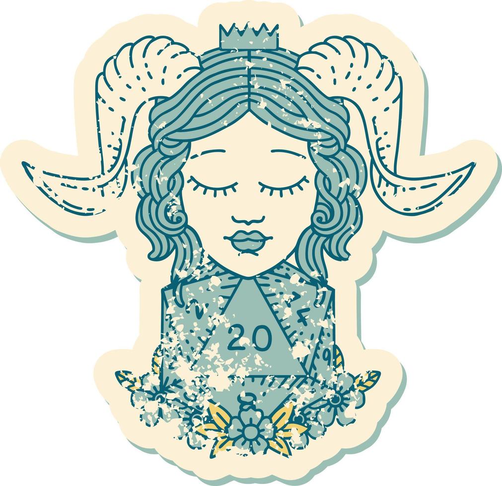 grunge sticker of a tiefling with natural twenty d20 dice roll vector