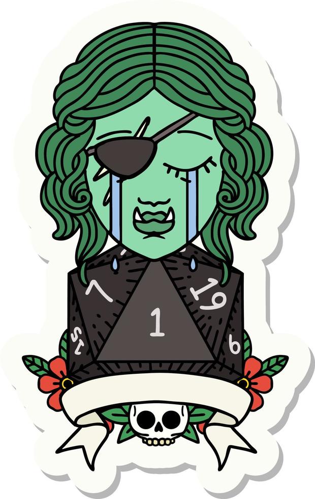 sticker of a crying orc rogue character with natural one roll vector