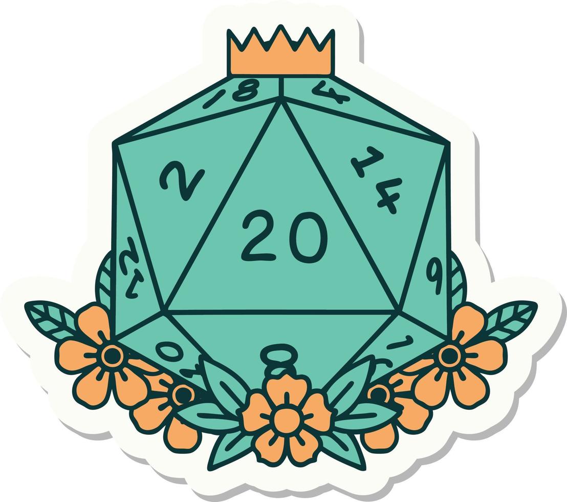 sticker of a natural 20 D20 dice roll with floral elements vector