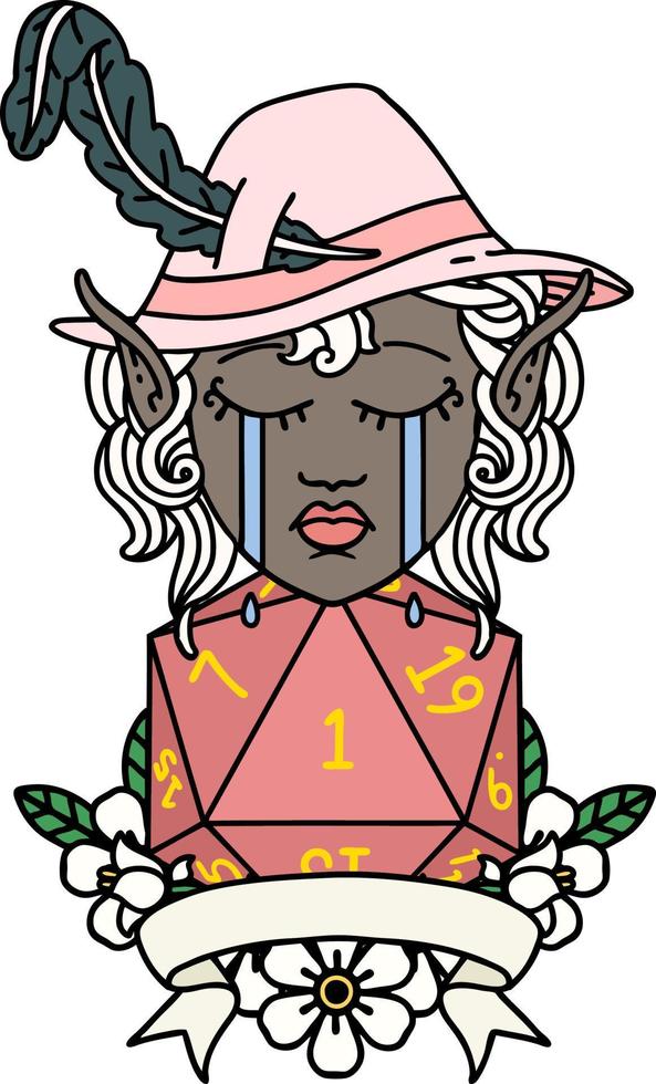 Retro Tattoo Style crying elf bard character with natural one D20 roll vector