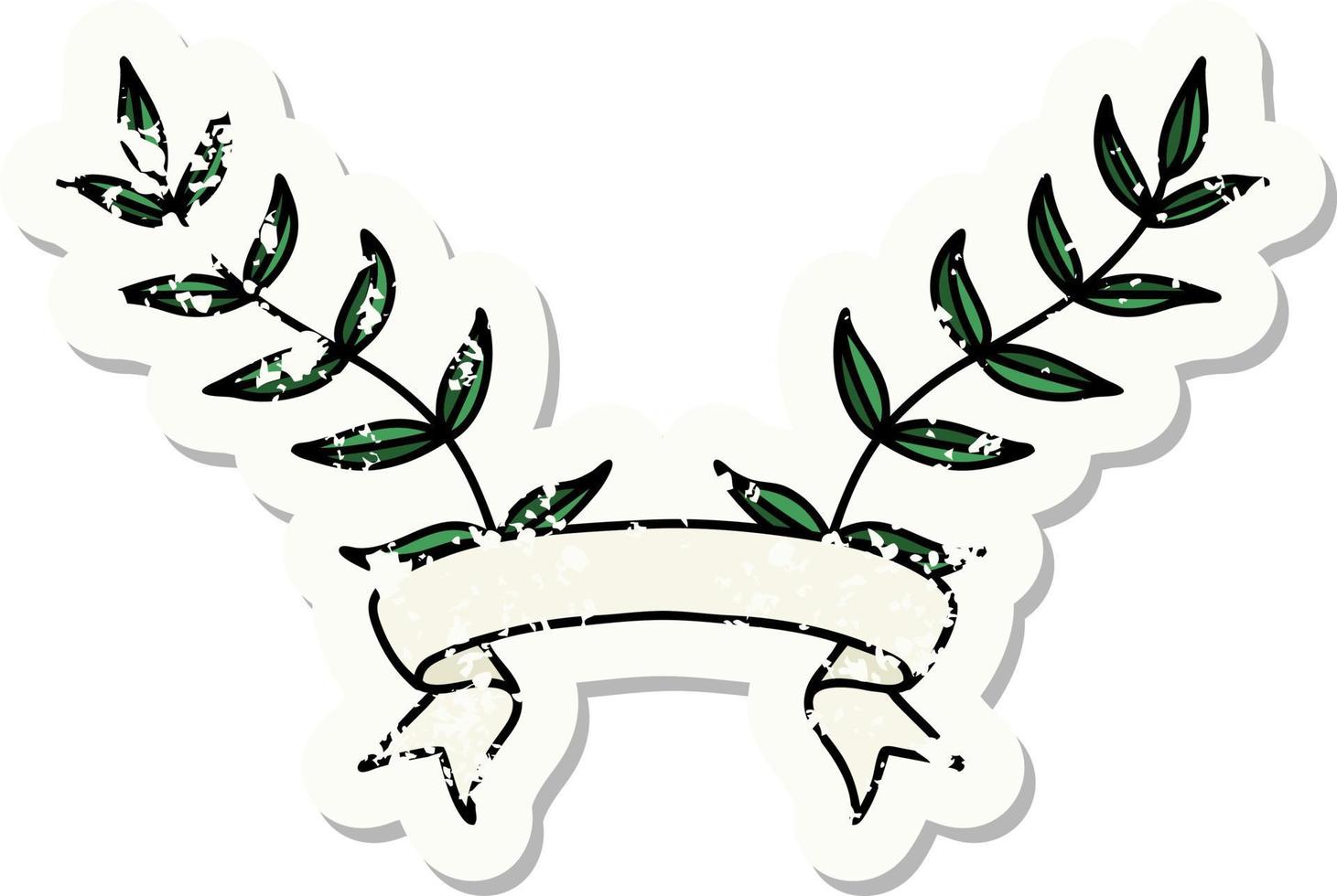 worn old sticker with banner of leaves vector