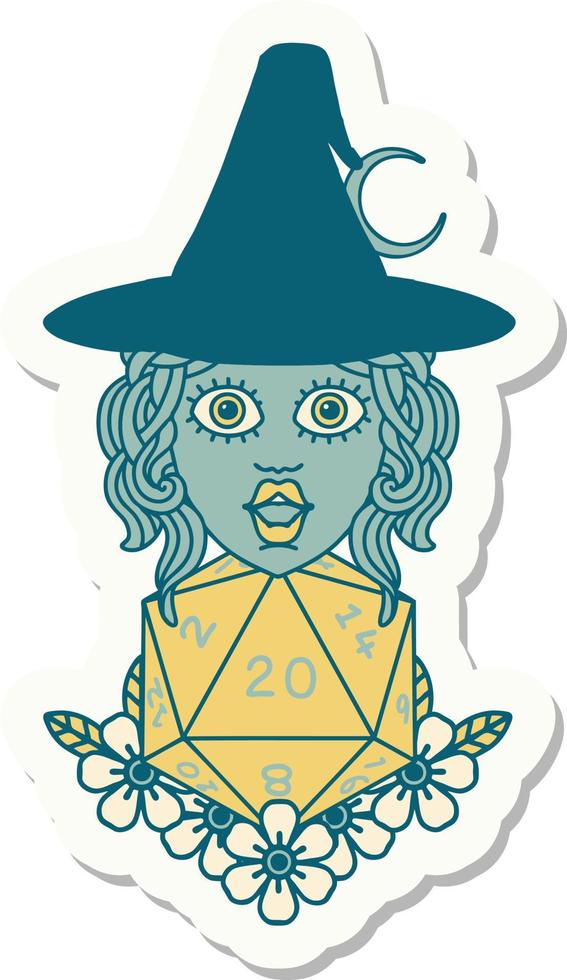 sticker of a human witch with natural twenty dice roll vector