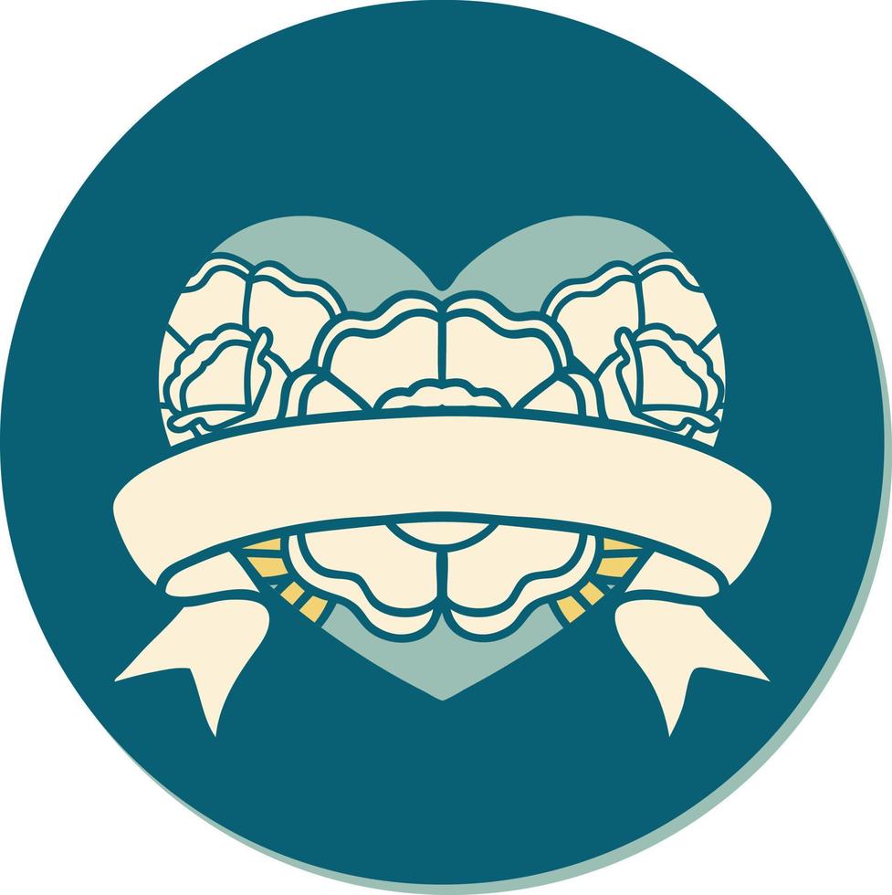 sticker of tattoo in traditional style of a heart and banner with flowers vector