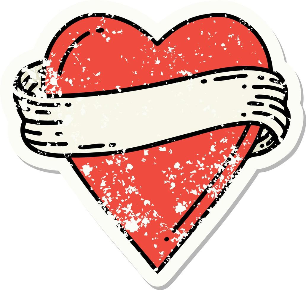 distressed sticker tattoo in traditional style of a heart and banner vector