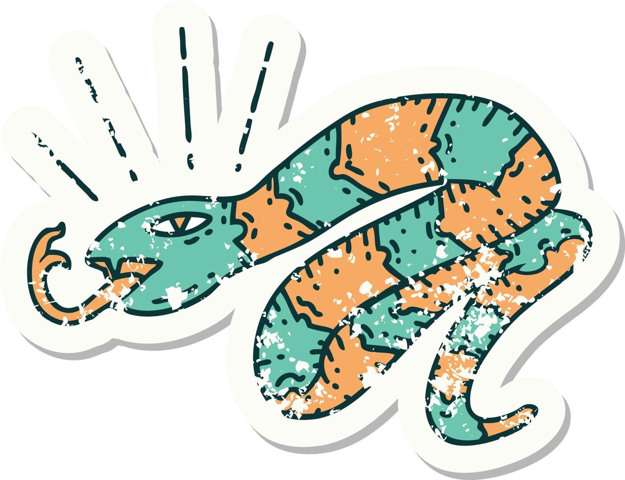 worn old sticker of a tattoo style hissing snake vector