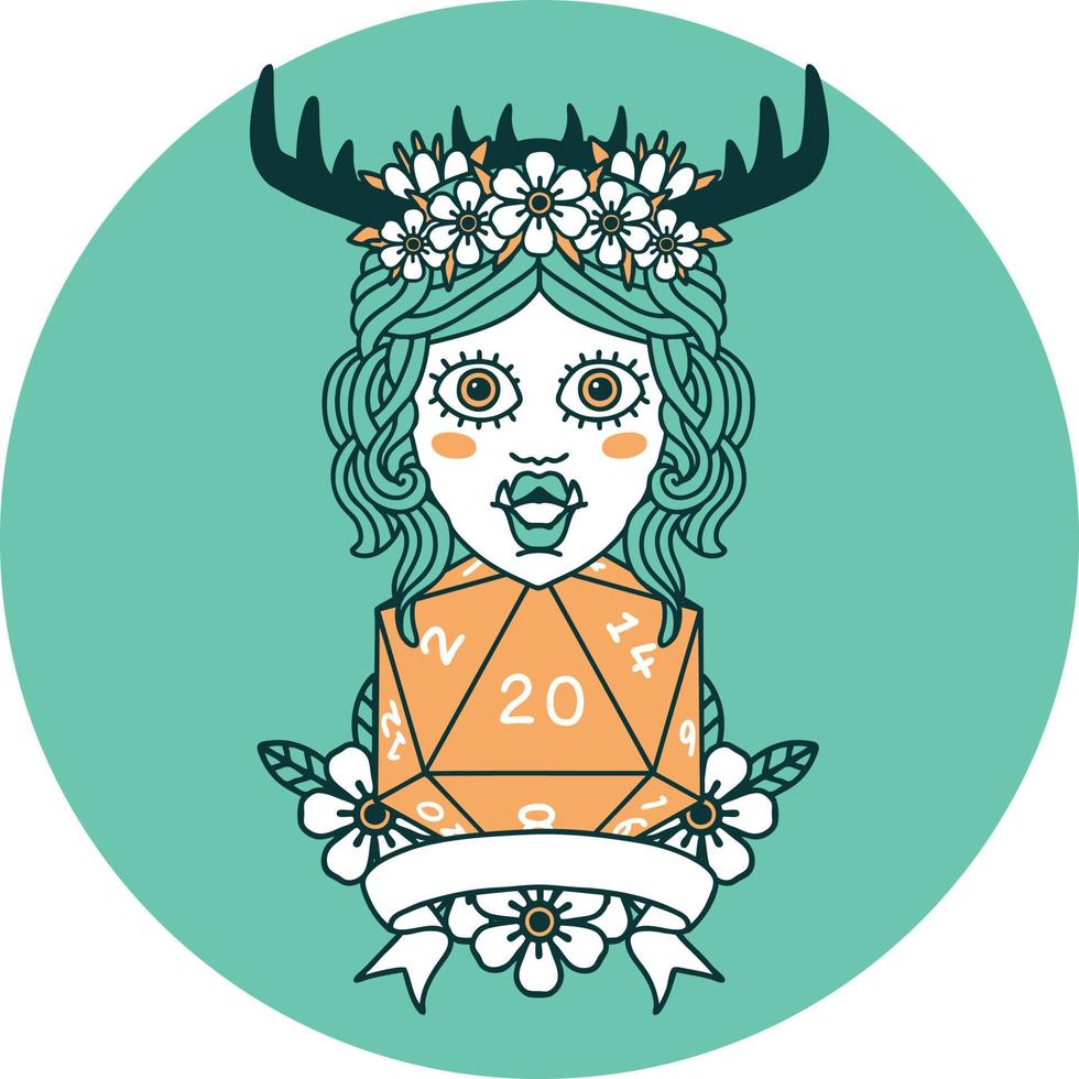 icon of orc druid character with natural twenty dice roll vector