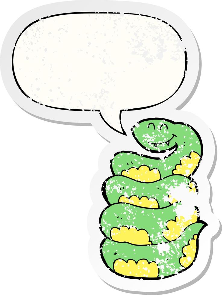 cartoon snake and speech bubble distressed sticker vector