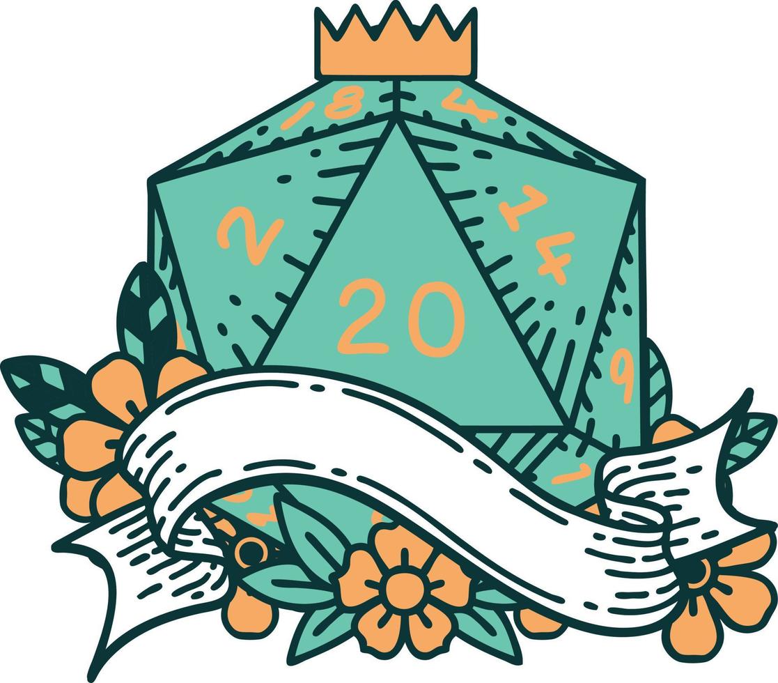Retro Tattoo Style natural twenty D20 dice roll vector