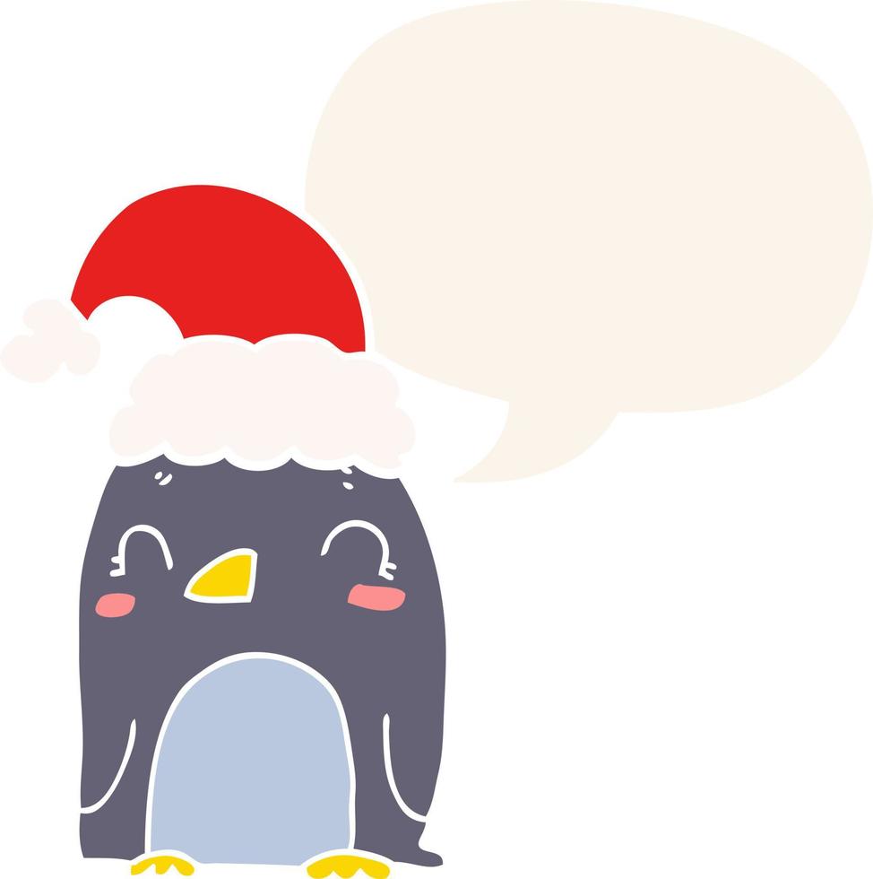 lindo pingüino navideño y bocadillo de diálogo en estilo retro vector