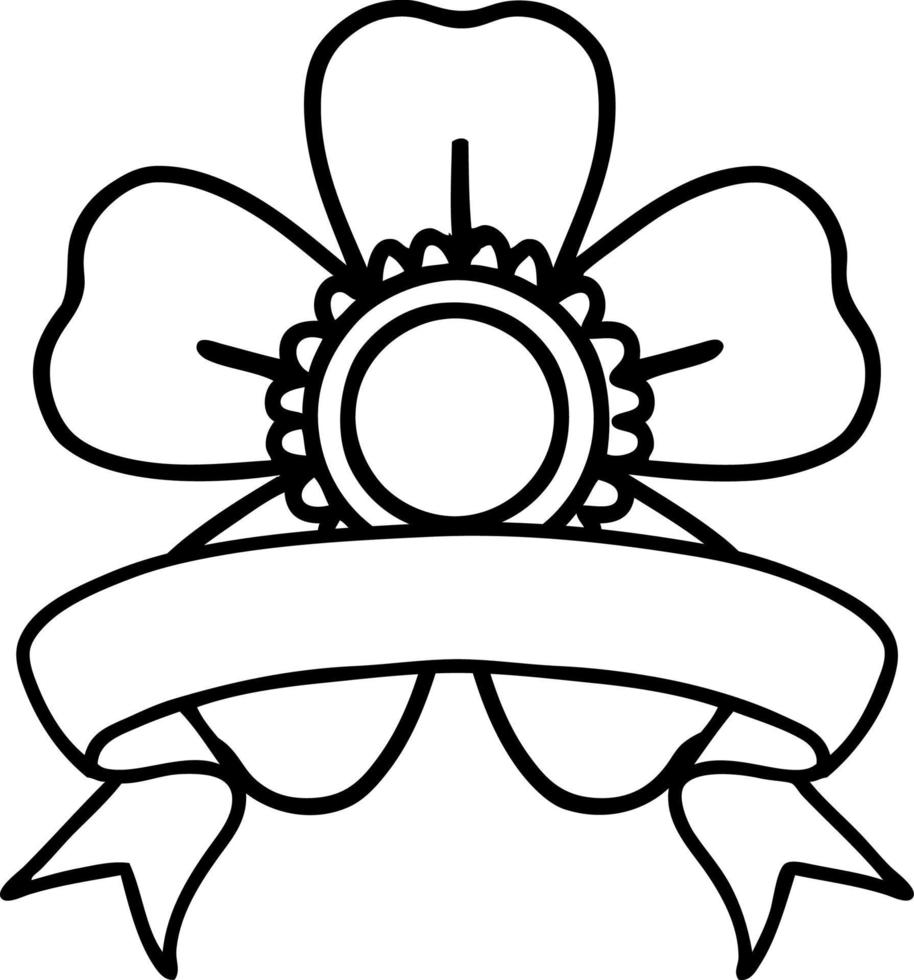 traditional black linework tattoo with banner of a flower vector