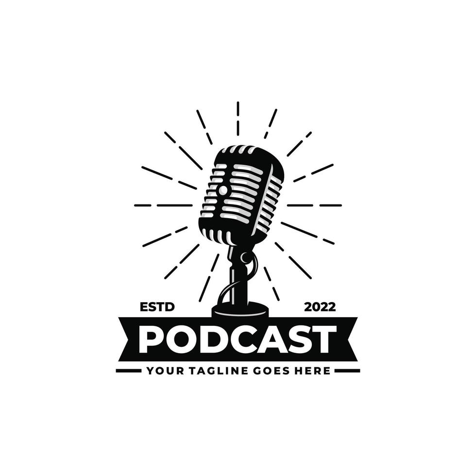 Podcast logo design. Vintage microphone logo vector