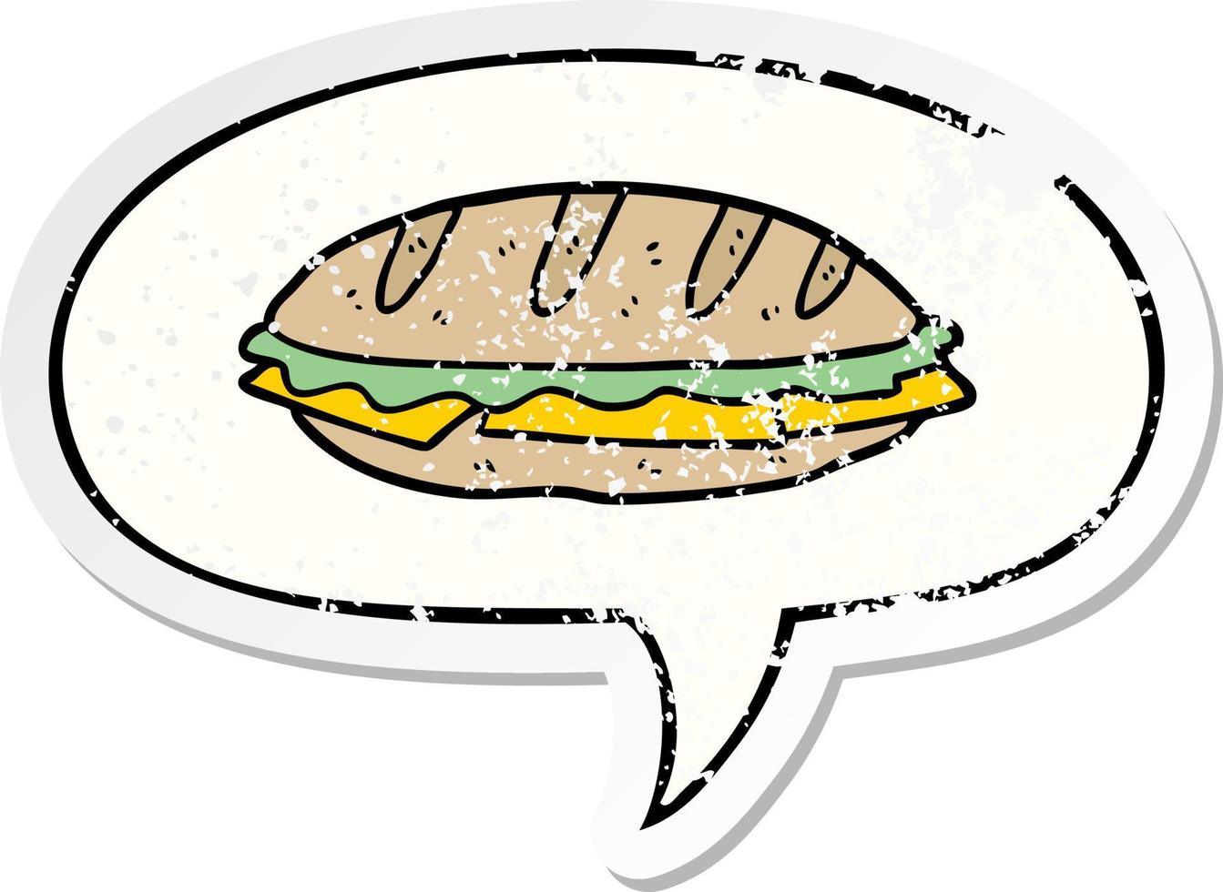 cartoon chesse sandwich and speech bubble distressed sticker vector