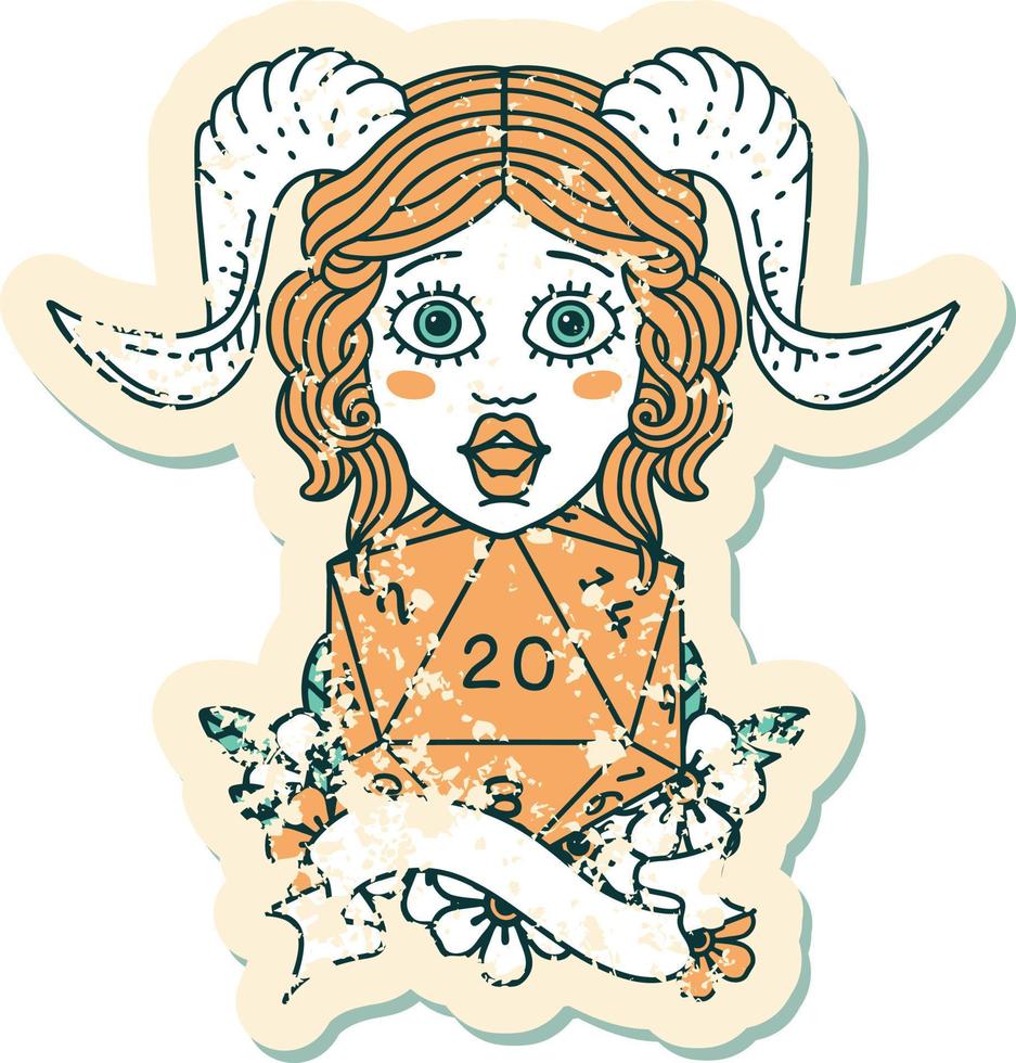 Retro Tattoo Style tiefling with natural twenty dice roll vector