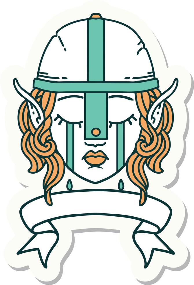 sticker of a crying elf fighter character face with banner vector