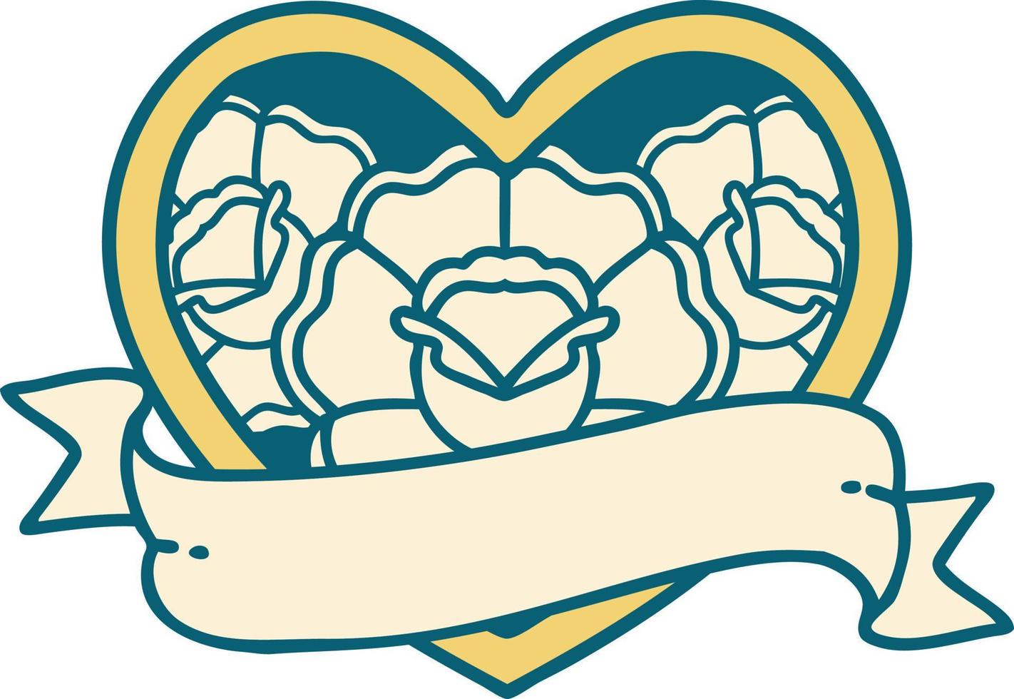 iconic tattoo style image of a heart and banner with flowers vector