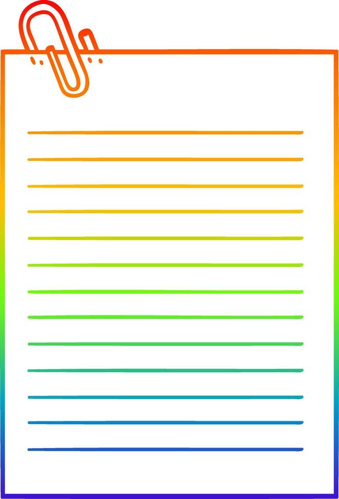 rainbow gradient line drawing cartoon lined paper with paperclip vector