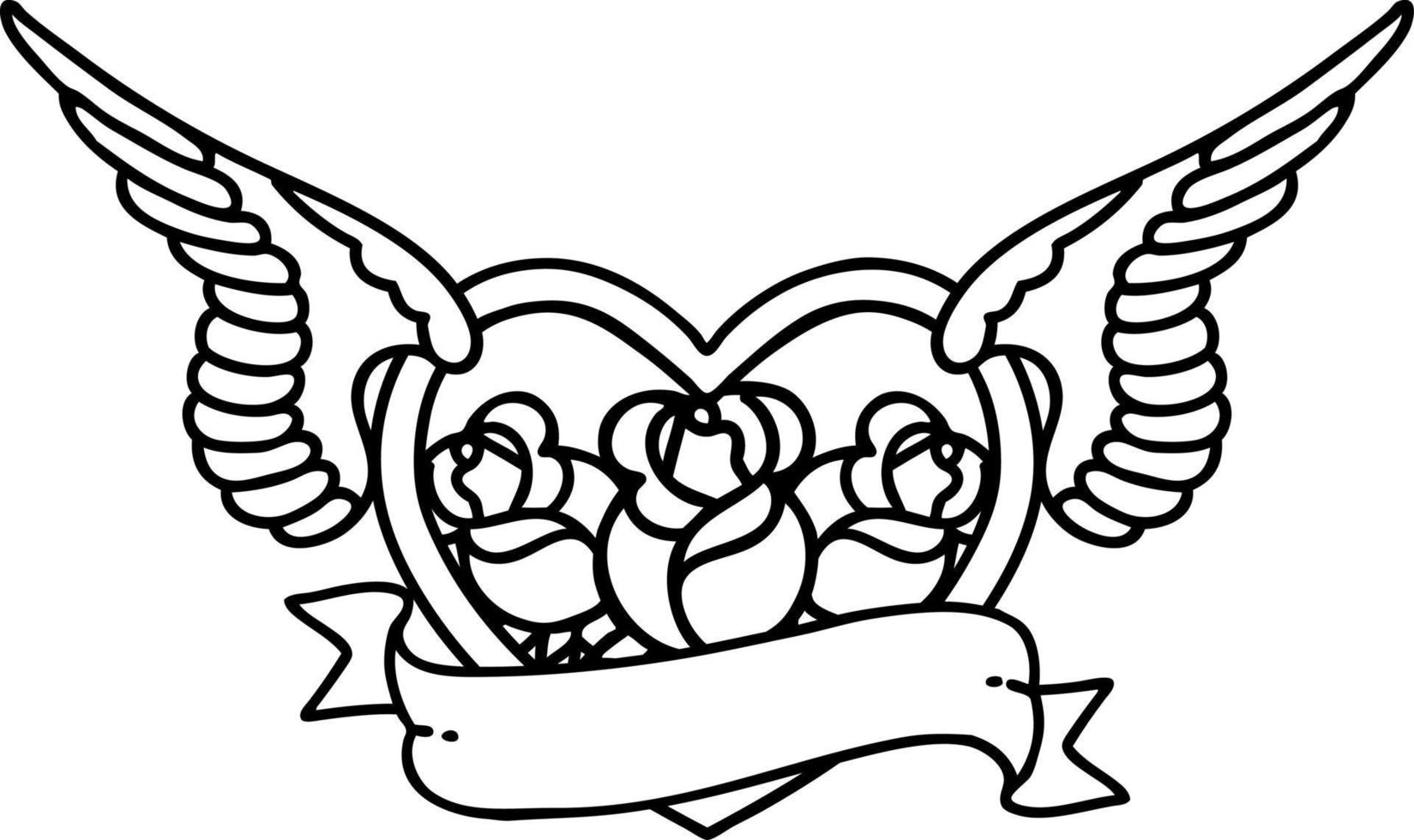 tattoo in black line style of a flying heart with flowers and banner vector
