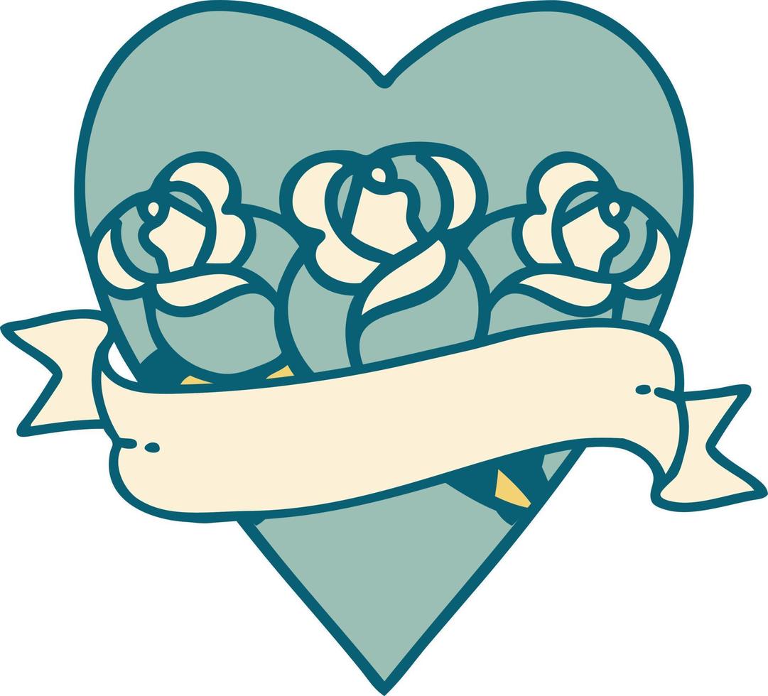 iconic tattoo style image of a heart and banner with flowers vector