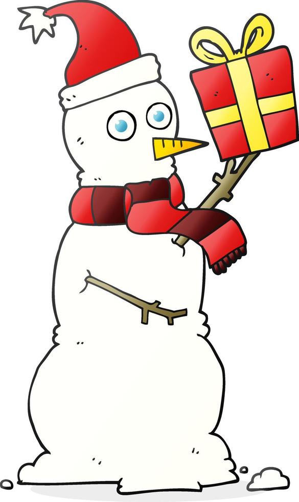 freehand drawn cartoon snowman holding present vector