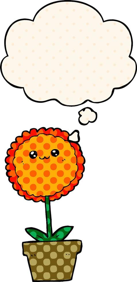 cartoon flower and thought bubble in comic book style vector