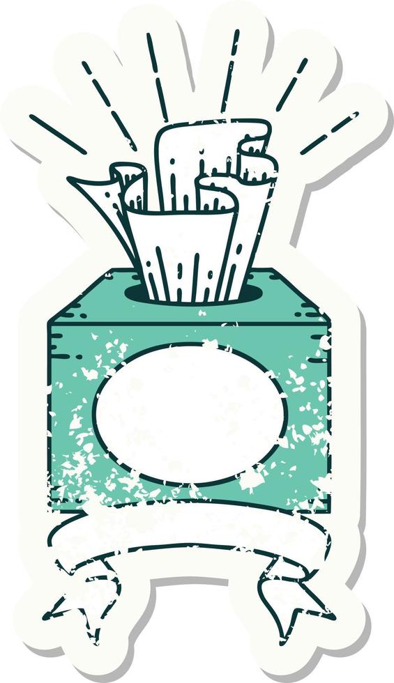 worn old sticker of a tattoo style box of tissues vector