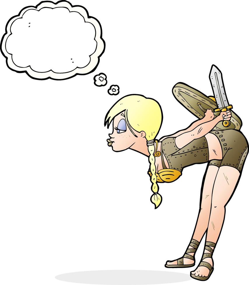 cartoon viking girl bowing with thought bubble vector