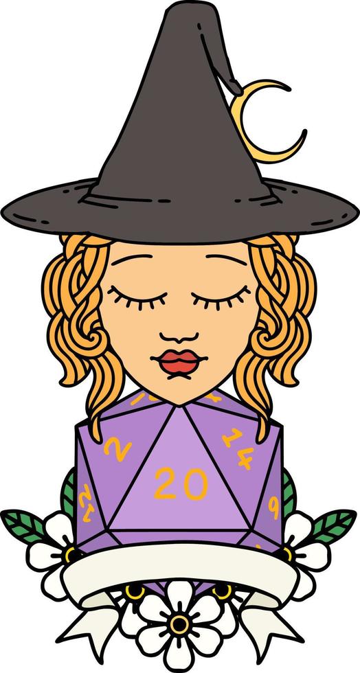Retro Tattoo Style human witch with natural twenty dice roll vector