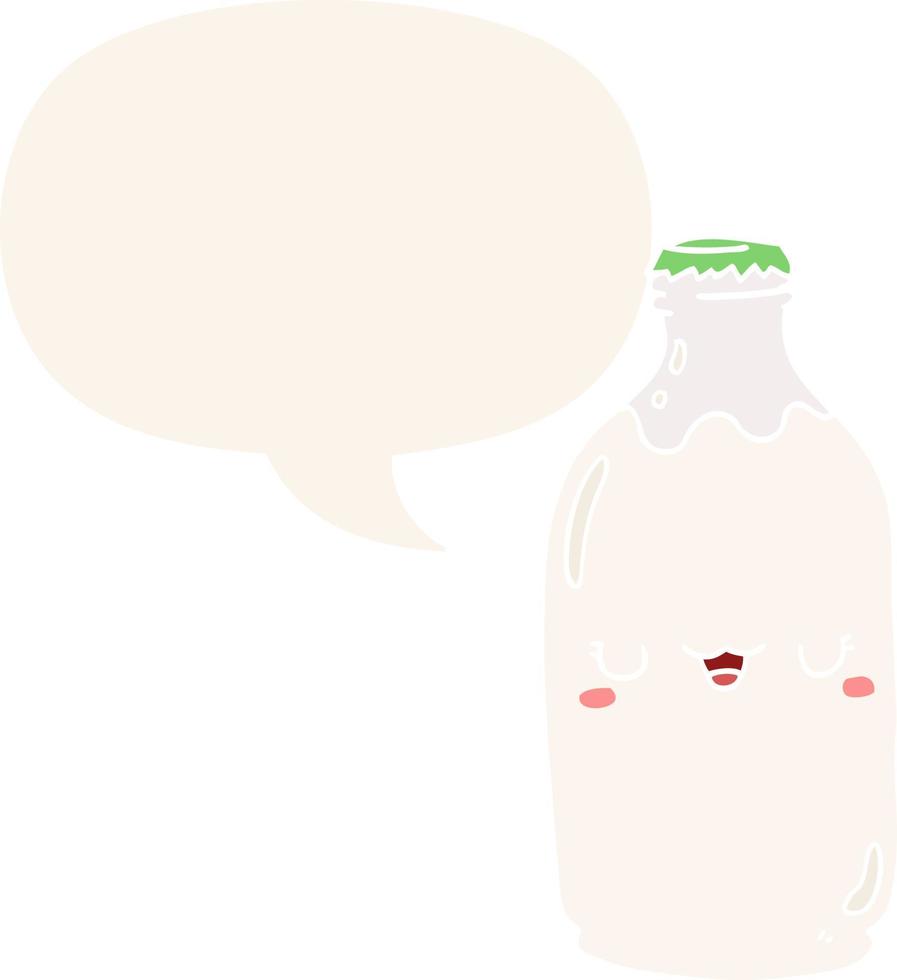 cute cartoon milk bottle and speech bubble in retro style vector