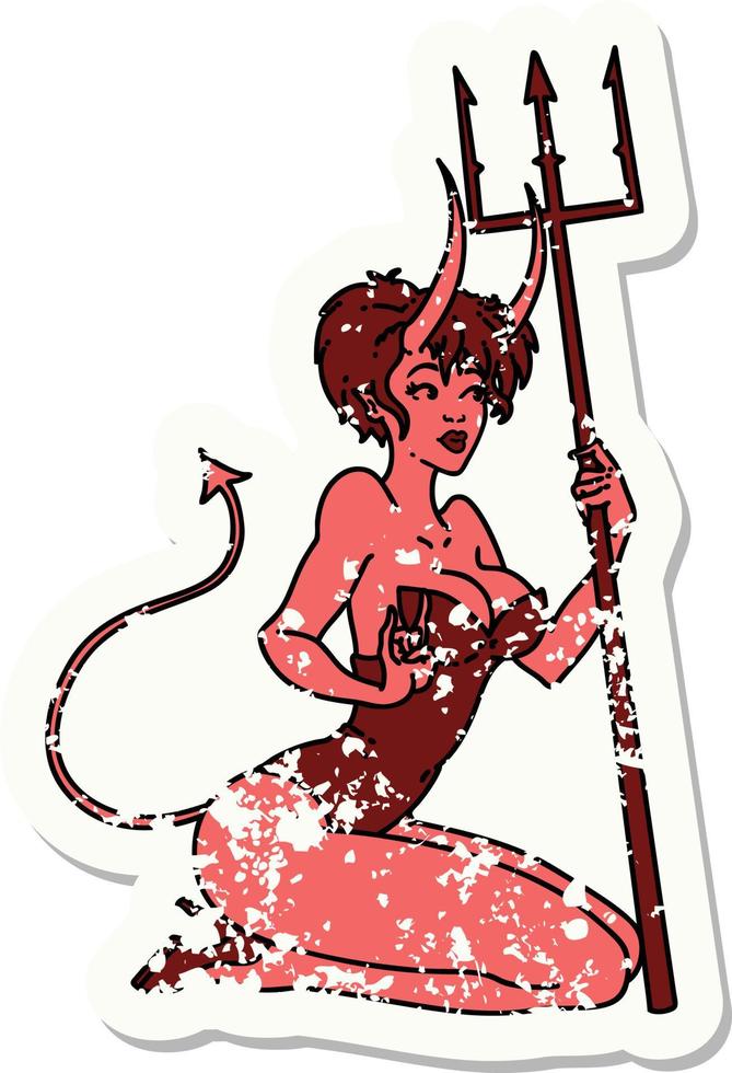 distressed sticker tattoo in traditional style of a pinup devil girl vector