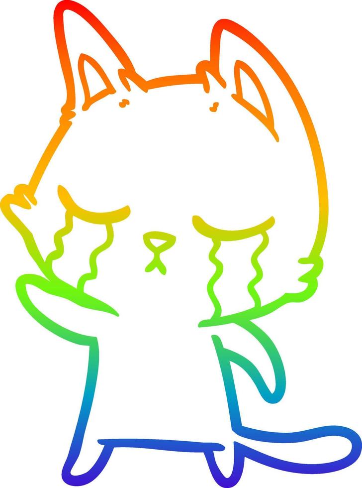rainbow gradient line drawing crying cartoon cat pointing vector