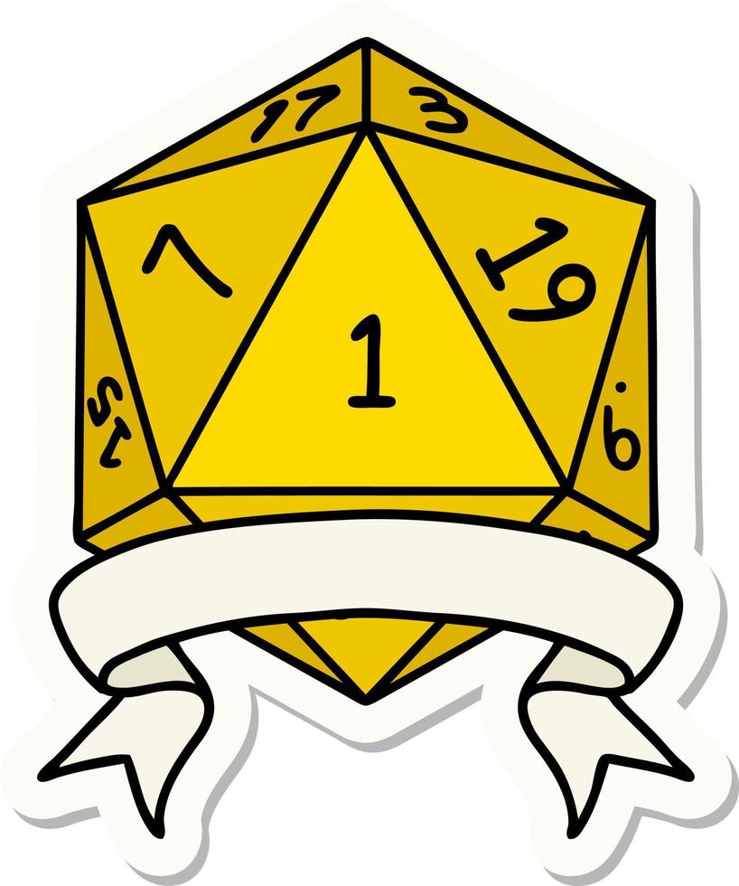 sticker of a natural one d20 dice roll vector