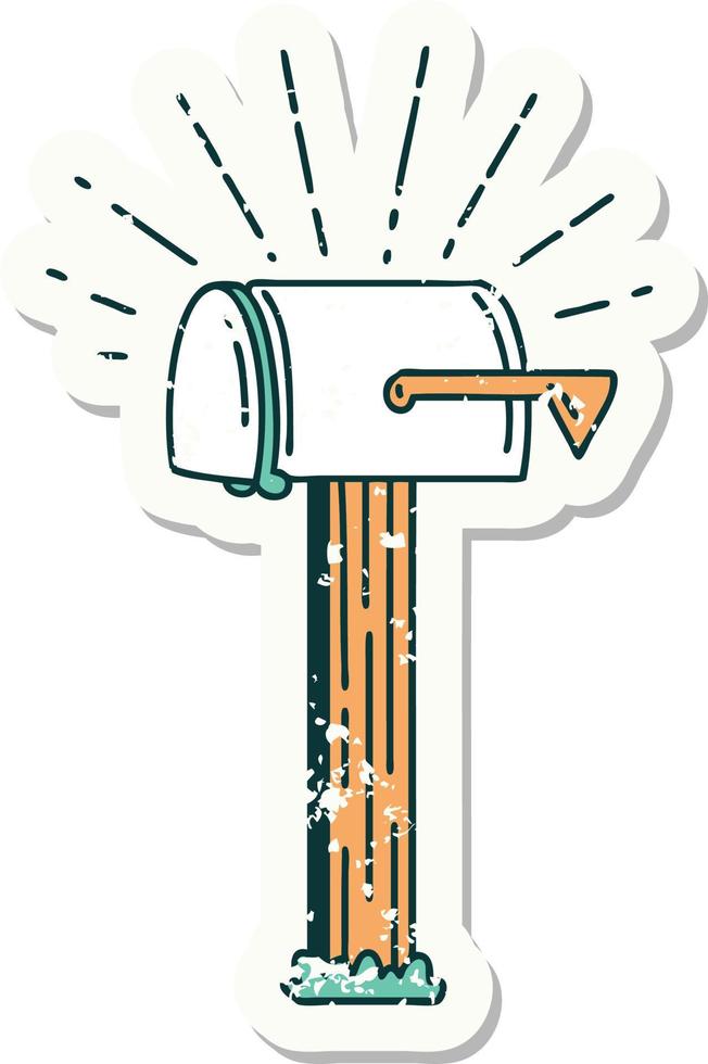 worn old sticker of a tattoo style closed mailbox vector